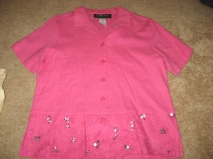 Womens Pink wSequins SAG HARBOR Linen Blend Short Sleeve Blouse Shirt 10 Petite - Picture 1 of 1