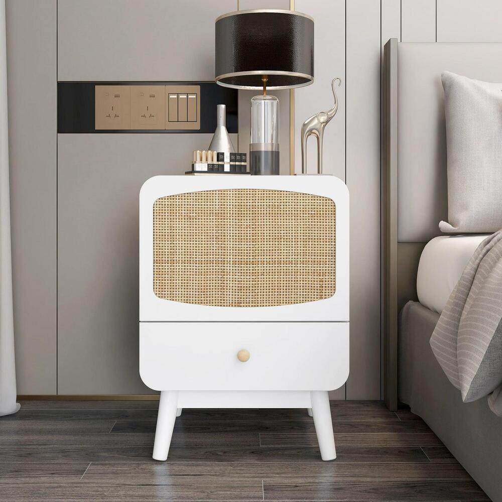 White Nightstand Bedroom w/ Drawer, Mid-Century Modern Wood Rattan Bedside Table