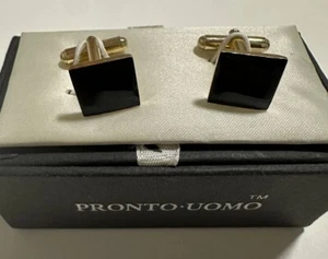 Pronto Uomo Cufflinks Gold Tone Black Enamel in Box for Men - Picture 1 of 4
