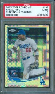 2013 Topps Chrome Baseball YASIEL PUIG Rookie Card Xfractor Dodgers #138 PSA 9 - Image 1 of 2