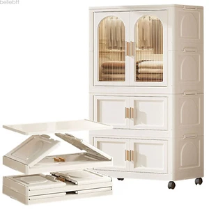 Portable Folding Wardrobe with Magnetic Door Plastic Storage Cabinet with Wheels - Picture 1 of 48