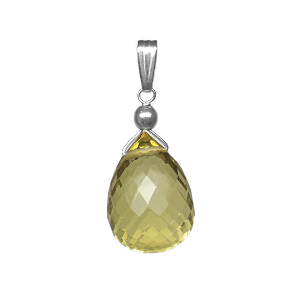 14x10mm LEMON QUARTZ MICRO FACETED DROP / BRIOLETTE 925 STERLING SILVER PENDANT - Image 1 of 1