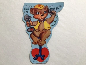 Vintage Die Cut Valentine’s Day Greeting Card Bear Candlestick Phone Heart ~755A - Picture 1 of 1
