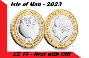 Moneda de la Isla de Man £2 2023 carreras TT Carlos III CIII Parlamento Plaza Rey - Imagen 1 de 3