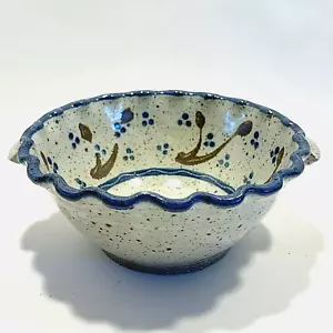 Studio Art Ceramic Bowl Hand Crafted Pottery Blue Gray Fluted Rim Handles - Picture 1 of 8