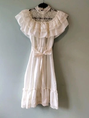Vintage Candi Jones Cream Lace Ruffle Dress Size Small Prairie Cottage Boho - Image 1 of 4