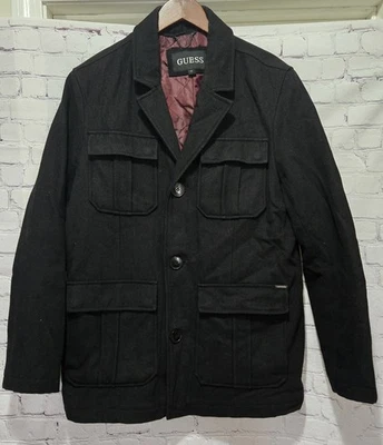 GUESS Wool Blend Jacket Mens M Military Style 4 Pocket Utility Black Coat - Image 1 of 4