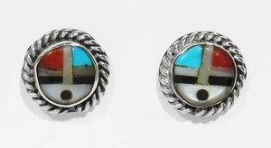 Old Pawn 1950s Zuni 925 Silver Natural Turquoise Coral Jet Sunface Post Earrings - Picture 1 of 5