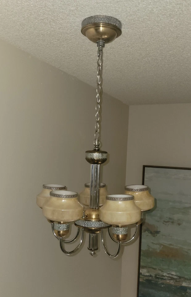 Raro: Lámpara de araña de 5 brazos "Sherwood" de vidrio de enmalle de 1938 Foto 1 de 4