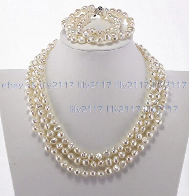 3 Rows Real 7-8mm Natural White Baroque Pearl Necklace Bracelet Set 18-20'' - Image 1 of 4