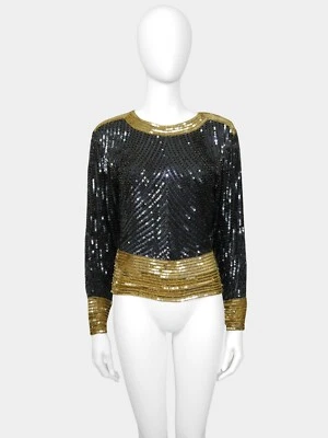 Yves Saint Laurent 1980s Vintage Gold + Black Sequin Beaded Blouse Evening Top - Image 1 of 4