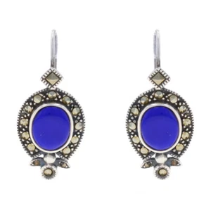 Sterling Lapis Lazuli Marcasite Drop Earrings 925 Oval Cabochon Milgrain Pierced - Picture 1 of 7