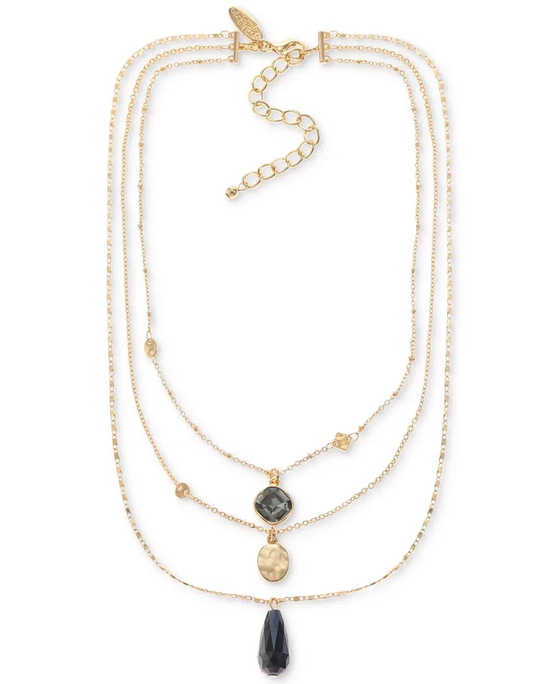 Style & Co Disco Martillado Tono Dorado, Piedra de Color y Cuentas Briolette Colgante en Capas Foto 1 de 1