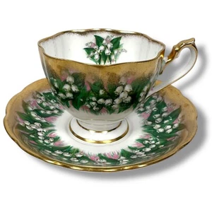 Vintage Queen Anne Lily of The Valley Cup and Saucer White Heavy Gold Gilt China - Picture 1 of 11
