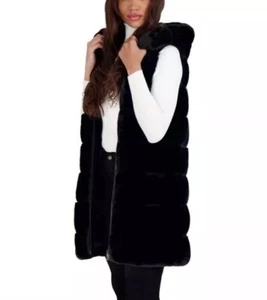 Via Spiga Womens Black Faux Fur Plush Outerwear Long Warm Vest Hood Coat XS - Picture 1 of 14