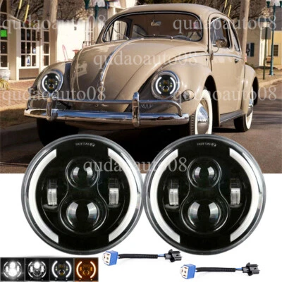 Pair 7" Inch Round LED Headlights Hi/Low Beam Halo DRL fit VW Beetle 1950-1979 - Image 1 of 4