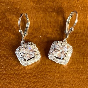 Seta 925 Dangle Earrings CZ Princess Cut Halo Bridal Formal Designer Vintage - Picture 1 of 6