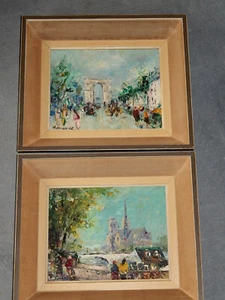 Impressionist 2 Öl-Gemälde PARIS Notre Dame + Champs Elyssee 1950er signiert - Picture 1 of 12