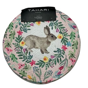 Tahari Home Placemats Easter Bunny Rabbit Spring Floral Round Heavy Braid Set 4 - Picture 1 of 8