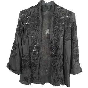 Free People Perlen Pailletten Jacke Strickjacke Gr. XS/S grau offen Boho Whimsigoth - Bild 1 von 15