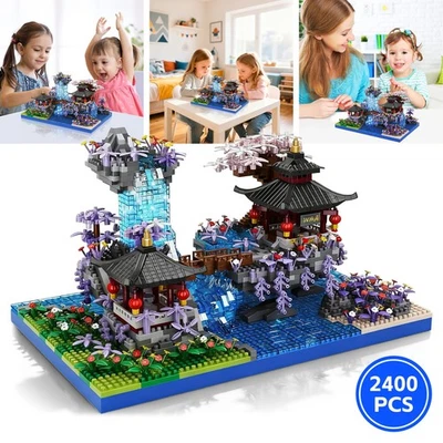 2400 Pfirsichblüte Pool Baustein Set Wasserfall Pavilion Bausteine mit LED Licht - Bild 1 von 4