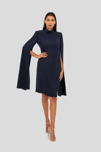 CARLA ZAMPATTI-SIZE 12-NAVY BLUE CELEBRATION CAPED FLARED SLEEVE CREPE DRESS - Foto 1 di 19
