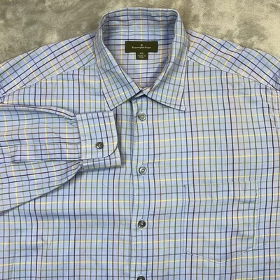 ERMENEGILDO ZEGNA Shirt Mens XXL Long Sleeve Hidden Button Down Dress Blue Check - Image 1 of 4