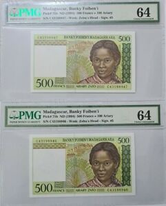 1994 MADAGASCAR 500 Francs = 100 Ariary PMG64 UNC CONSECUTIVE NOTES @ 2 {P-75b} 