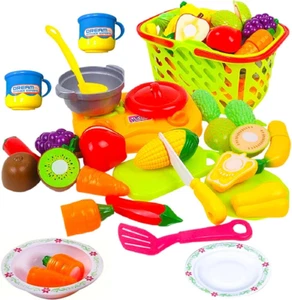 Durable Cuttable Play Food Grocery Shopping Basket, Kids Play Fruits and Vegetab - Picture 1 of 12
