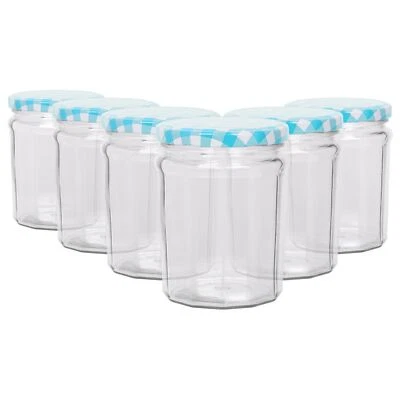 ARGON TABLEWARE 6x 380ml Glass Jam Jars with Blue Gingham Lids Chutney Preserve Honey Storage
