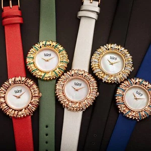 Women's Burgi BUR255 Crystal Flower Brass Bezel Satin on Leather Strap Watch - Picture 1 of 22