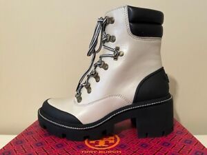TORI BURCH LUG COMBAT ANKLE LEATHER BOOTS SIZE 7.5 IN OFF WHITE