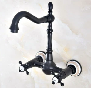 Oil Rubbed Bronze Bathroom Basin Sink Faucet Dual Handles Mixer Tap Wall Mount - Picture 1 of 9