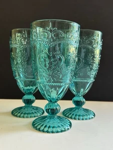 Set 3 Pioneer Woman Amelia Goblets Embossed Teal Turquoise 14.7oz Ice Tea Water - Picture 1 of 14