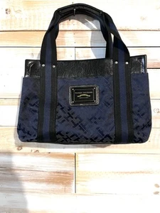 Tommy Hilfiger Blue Canvas Logo Tote Bag Purse Handbag Women’s Top Handle - Picture 1 of 14