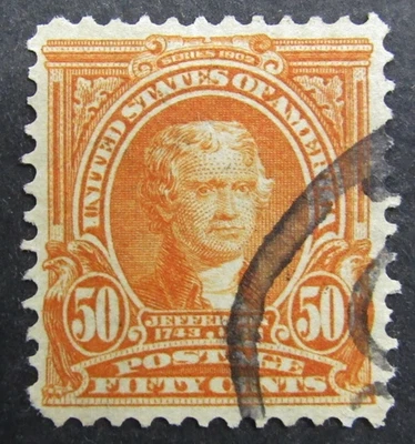 US Sc# 310 USED { 50c ORANGE JEFFERSON } LIGHT FACE FREE CANCEL BEAUTY FROM 1903 - Image 1 of 4