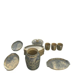 Vintage Roseville Keramik blau Schwammgeschirr Steinzeug Set 14 Teller Tassen Topf Glas - Bild 1 von 24