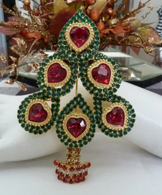 4" HUGE KIRKS FOLLY LTD ED 66/500 ROMANCE HEARTS RHINESTONE CHRISTMAS TREE PIN - Image 1 of 4