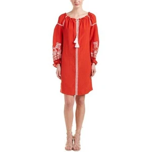 Maje Ramette Kleid Gr. 1 Small orange rot bestickt Quaste Viskose Leinen zum Binden - Bild 1 von 12