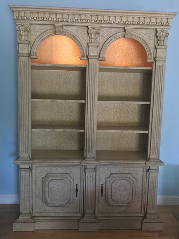 Pine Wood Vintage Double Arched Book Case w Cabinet Illuminated Neoclassical 2pc Cover