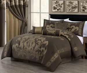 7-Piece Jacquard Floral Comforter Set (California King, Coffee/Gold) - Picture 1 of 9