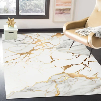 Modern Luxury White Grey Marble Area Rugs Abstract Gold Swirl Rugs for Bedroom - Image 1 of 4