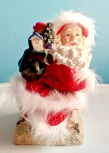 Santa Claus On Chimney Hat And Robe Has White Fur 7" Poly Resin Figurine - Picture 1 of 6