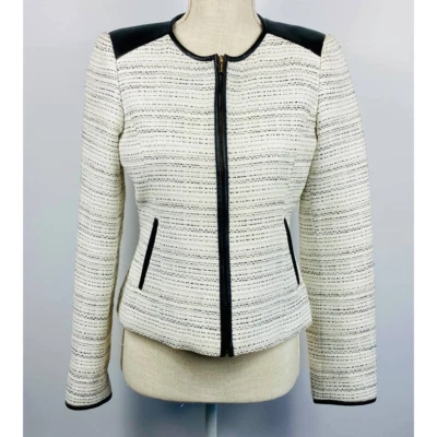 Calvin Klein Cream Black Zip Up Jacket Women’s Size 4P Stylish Blazer - Image 1 of 4
