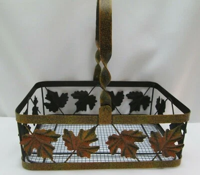 Metal Basket Painted Autumn Leaves Wire 10" X 10".5 X 7" Wide Decorative Basket - Image 1 of 4