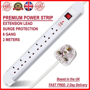 POWER STRIP 6 Gang Premium Extension Lead with Surge Protection 2m – white (Extr - Picture 1 of 8