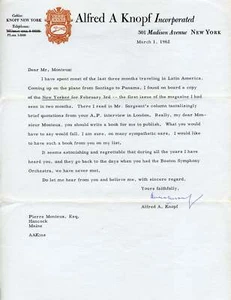 Alfred A. KNOPF (Publisher): Typed Letter Signed to Pierre MONTEUX (Conductor) - Picture 1 of 1