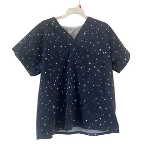 Tafford Women’s Navy Blue Snowflakes Moons Scrub Top Short Sleeve Medium - Picture 1 of 9