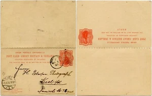 IRELAND 1893 STATIONERY REPLY CARD QUEENSTOWN DPX to KIEL ..PETARFAN PHOTOGRAPHY - Picture 1 of 3