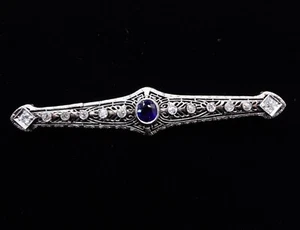 18K White Gold Vintage Art Deco Brooch with Sapphire & Diamond - Picture 1 of 9